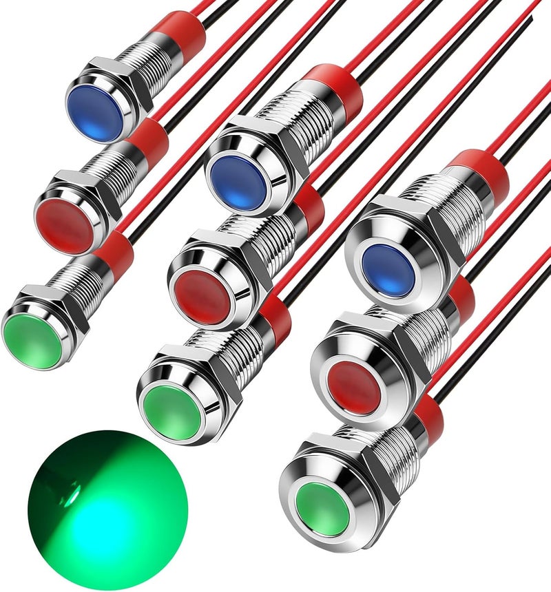 Linkstyle 9PCS LED Metal Indicator Light, 12V 24V Signal Lamp Set, IP65 Waterproof Panel Indicator Dashboard Lighting for Car RV Boat Truck (6mm 8mm 10mm) - Image 1